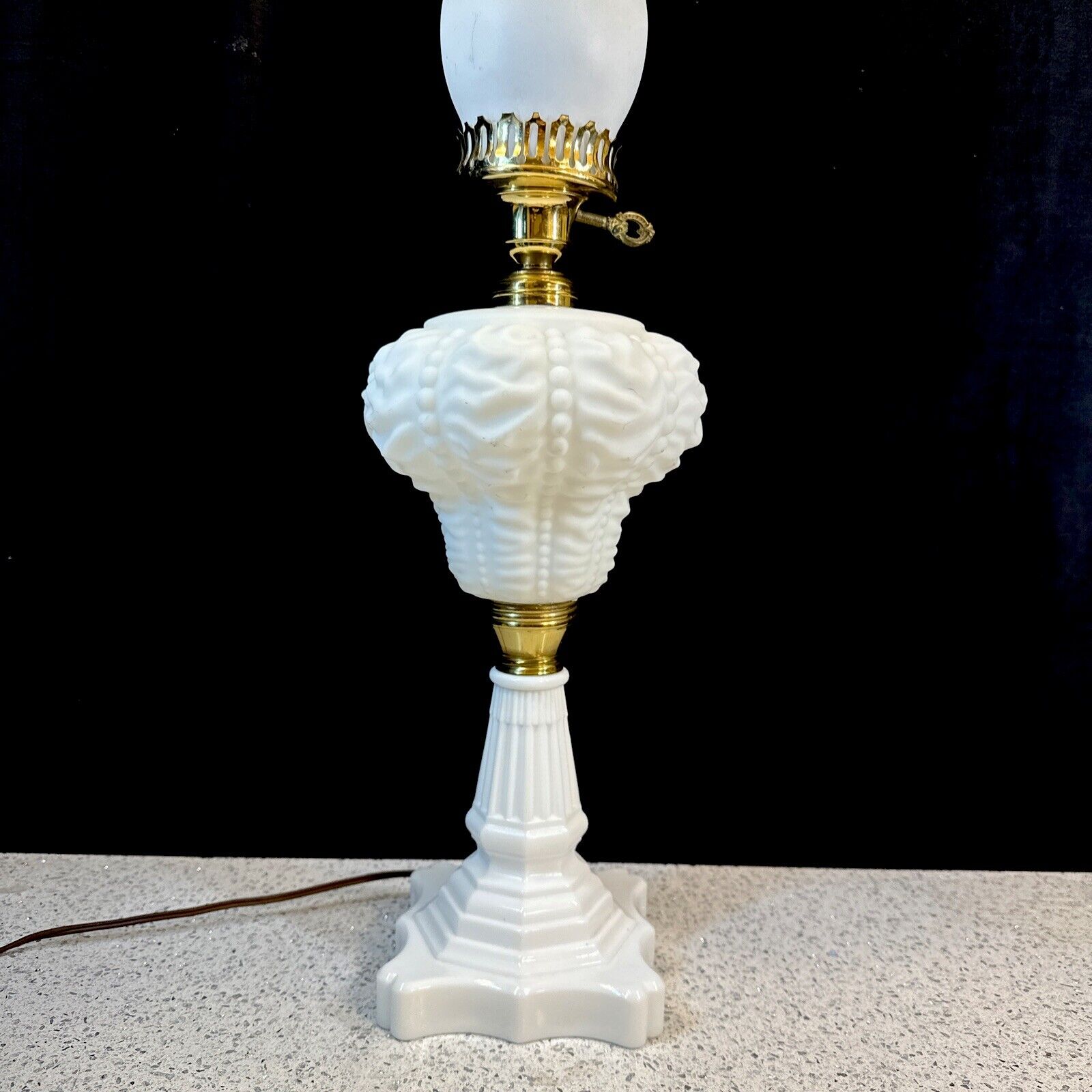 Fenton Milk Glass Base GWTW L.G Wright Satin Beaded Drape Lamp + Hurricane Shade
