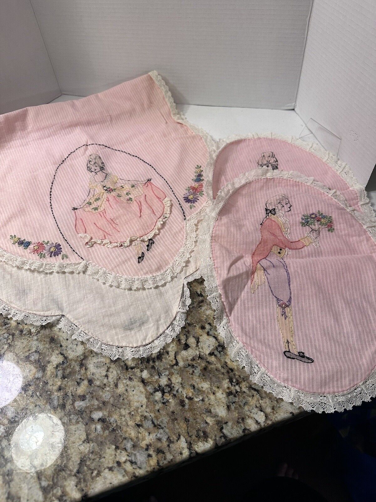Vintage Hand Embroidered Victorian Runner And 2 Doilies Pink Man Woman