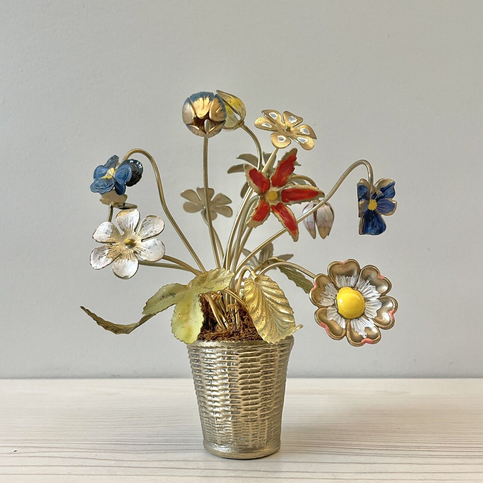 Vtg HTF Petites Choses Enameled Metal Multi Flowers Butterfly in Gold Metal Pot