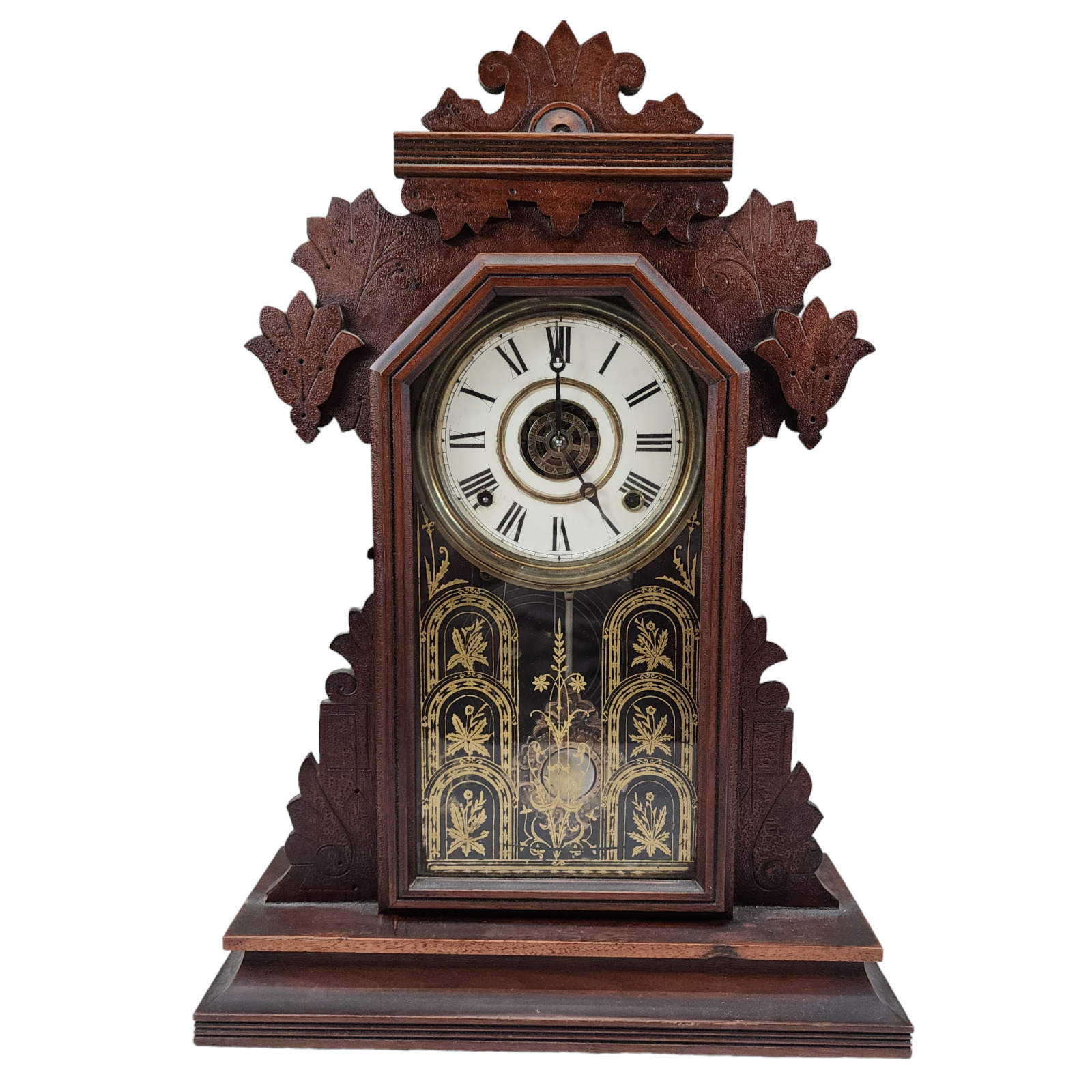 Ingraham Parlor Ginger Brest Mantle Clock, 8 Day T&S, Calendar, Mahogany Finish
