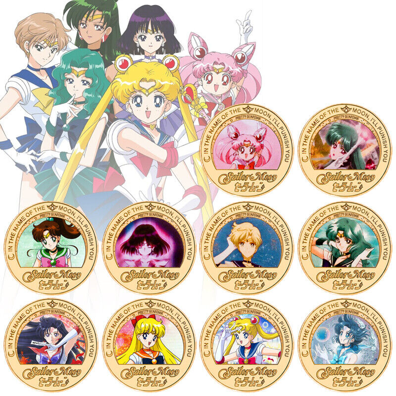 10pcs Sailor Moon Gold Commemorative Coins in Box Japan Cartoon Souvenir Gifts
