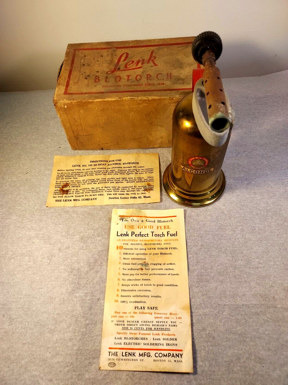 Rare Vintage Lenk No. 105 Alcohol Blotorch Blowtorch w/Box & Directions