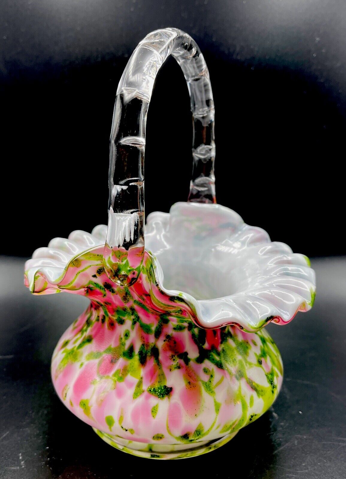 Fenton Art Glass Vasa Murrhina Rose Green Aventurine Basket Vase Ruffled Handle
