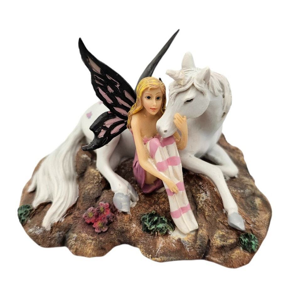 Beautiful Fairy Princess Goddess and Unicorn Resin Figurine Pink Wings