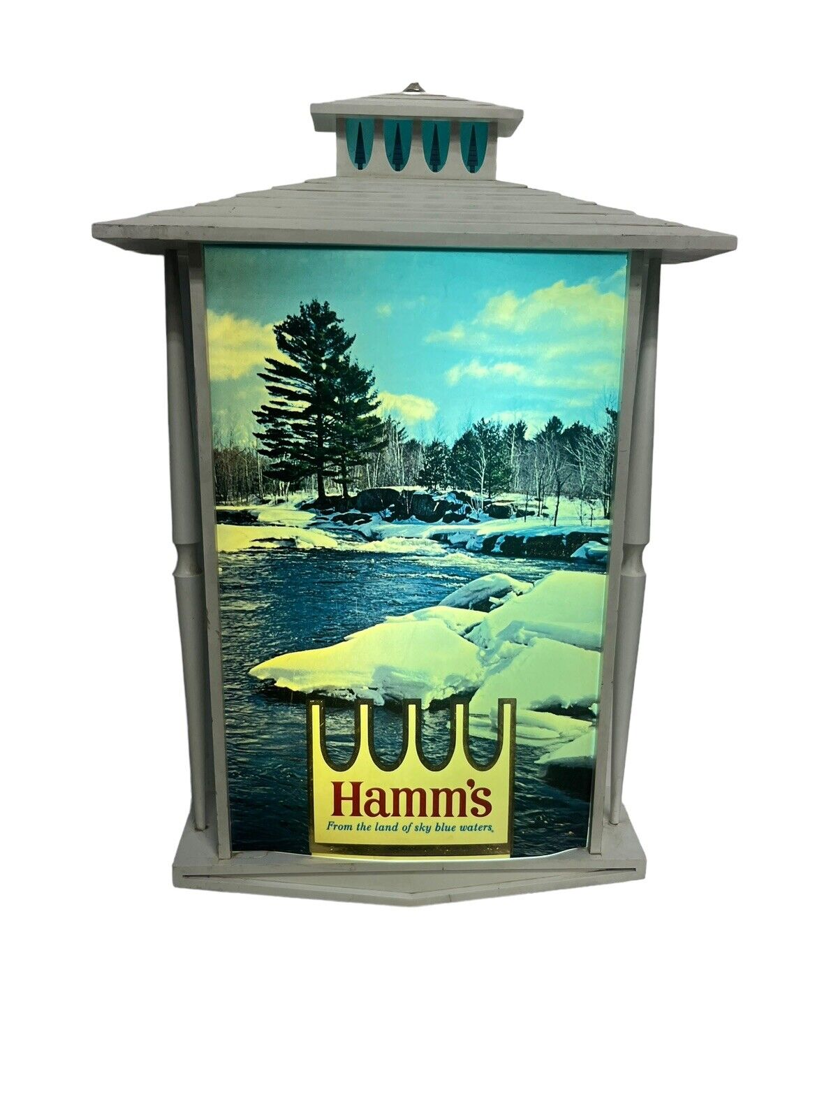 Hamm\'s Beer sign old vintage white chalet frame light up sign of Northwoods 50s