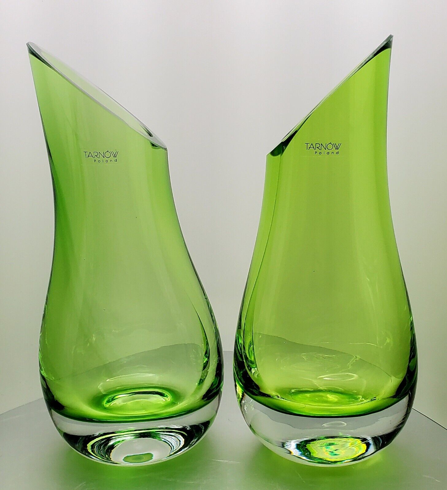 Vintage Tarnow Poland Vases Emerald Green Slant Art Glass Vase 8” - Set of 2