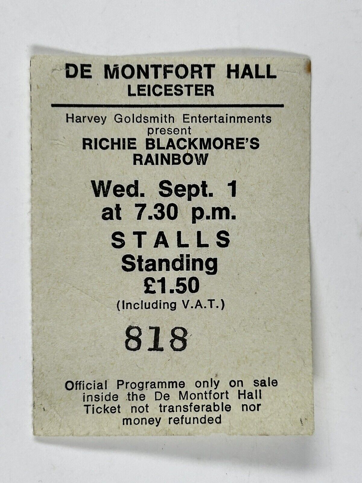 Rainbow Ritchie Blackmore Ticket Original Vintage Rising Tour Leicester 1976
