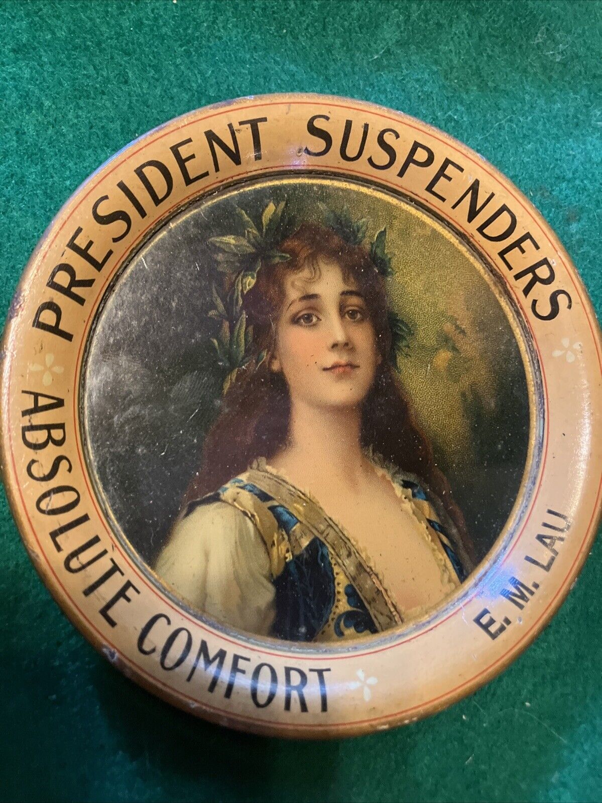Antique 1900s President Suspenders Ad Tin Litho Tip Tray 4.25” John Smith VTG