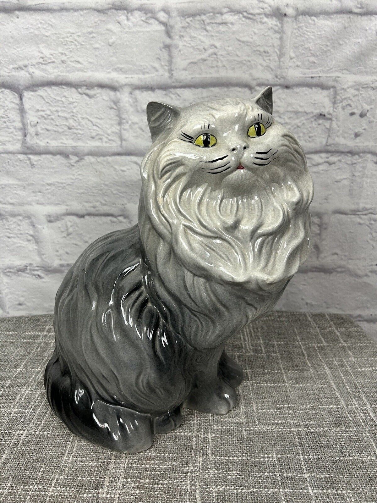 Vintage Ceramic Persian Cat Large 70s Floor Decor Gray White Hand Painted 14\