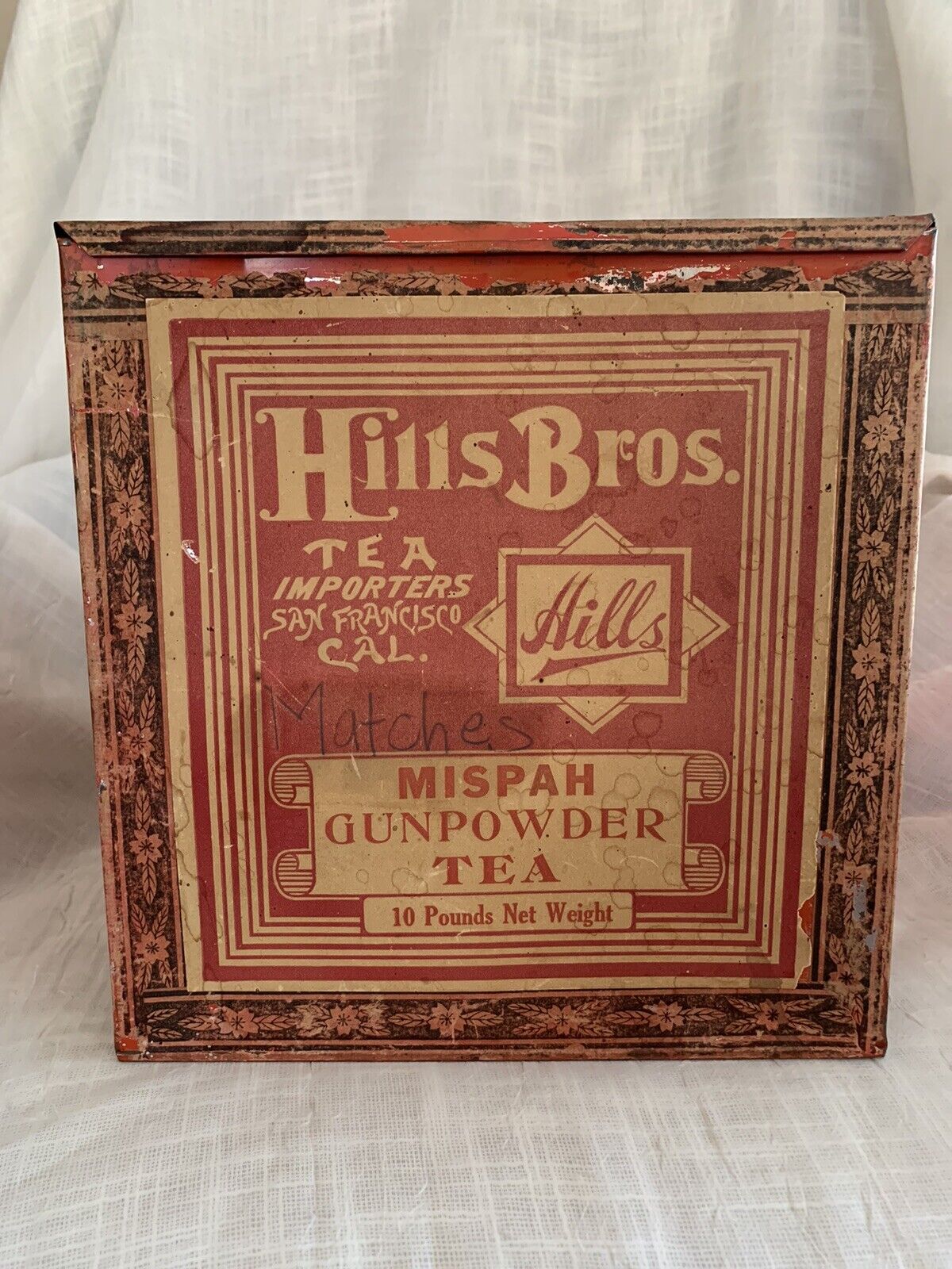 Antique: Hills Bros. Tea Importers San Francisco, Cal. Mispah Gunpowder Tea Tin