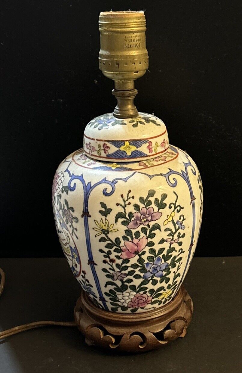 Hand Pantied Vintage Blue, White, Red Green, Yellow Chinoiserie Ginger Jar Lamp
