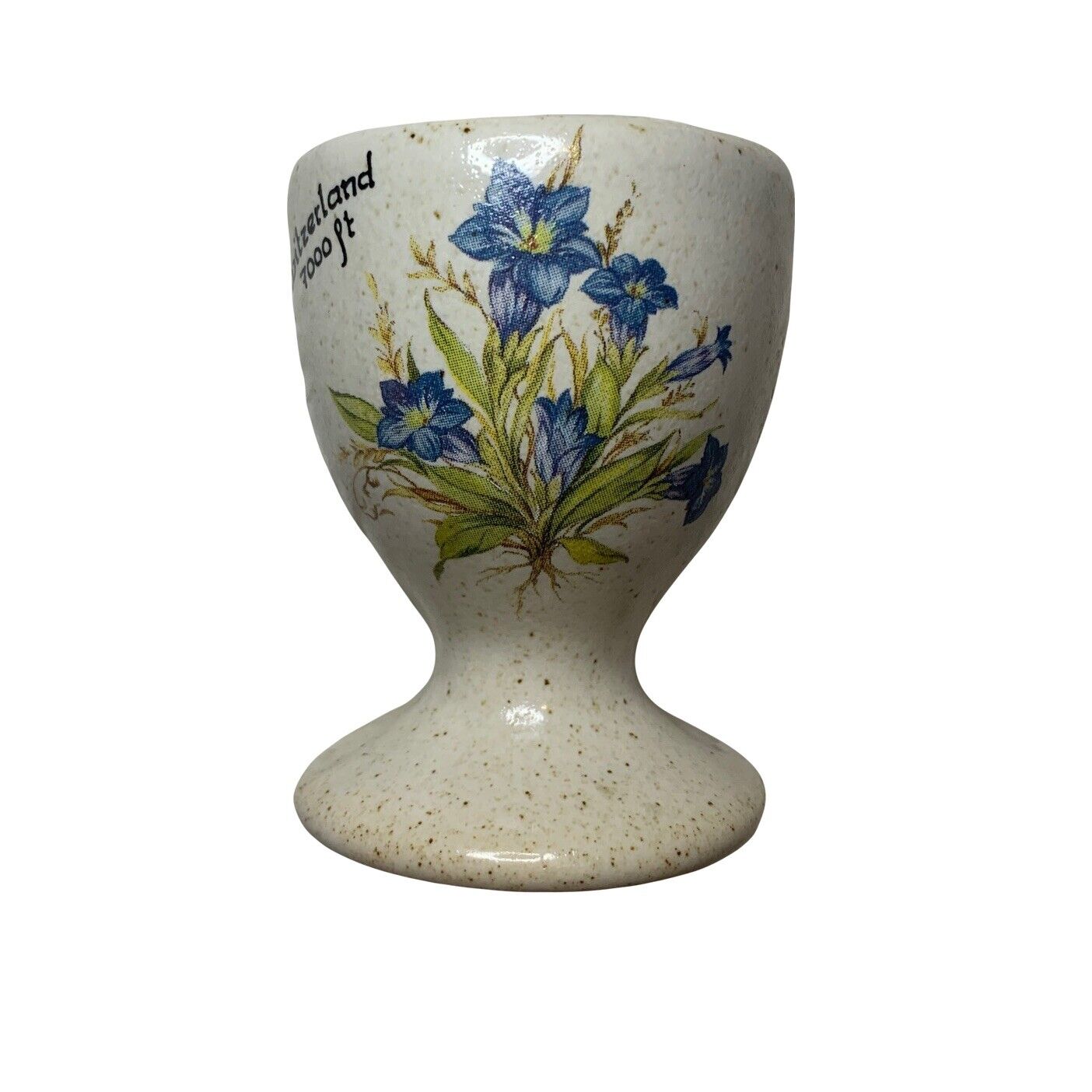 Vintage Souvenir Egg Cup Tilatus Switzerland Ceramic Speckle Glaze Blue Flowers