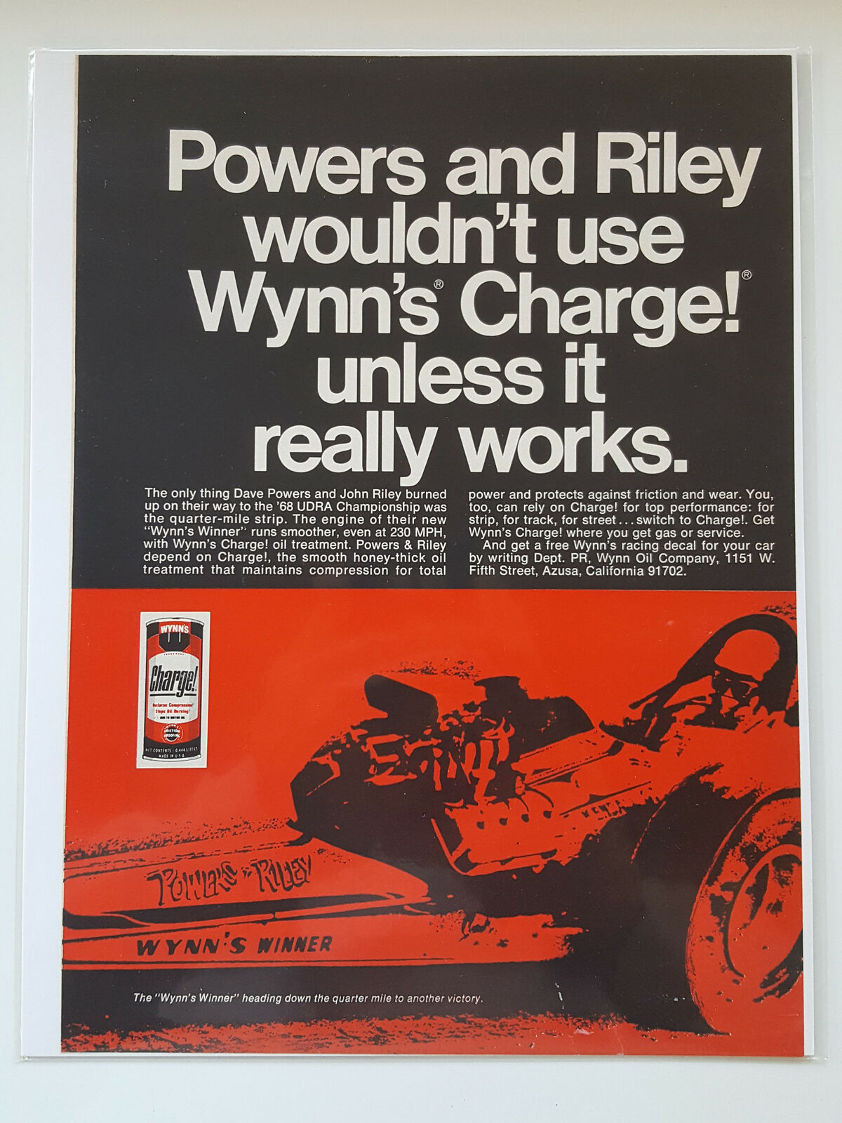 1969 Wynn\'s Charge Oil Treatment UDRA Racing Dave Powers Vtg Magazine Print Ad