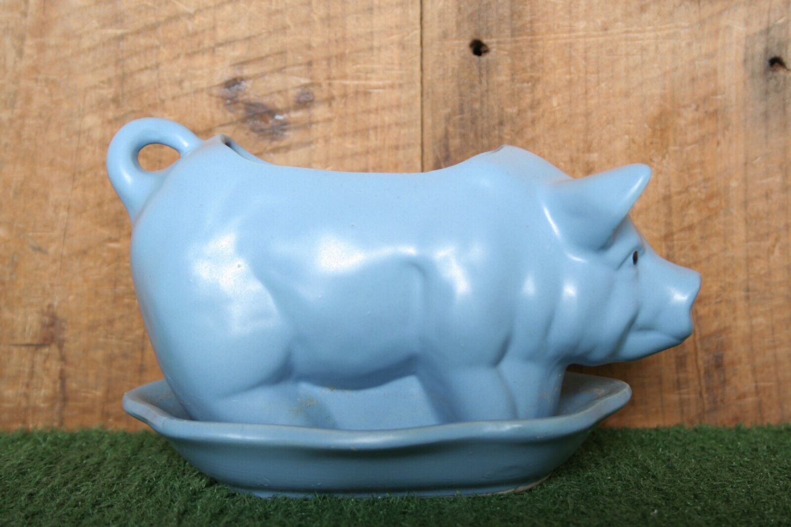 Vintage CDP Blue Hand Crafted White Clay Pig Small Planter w/Underplate