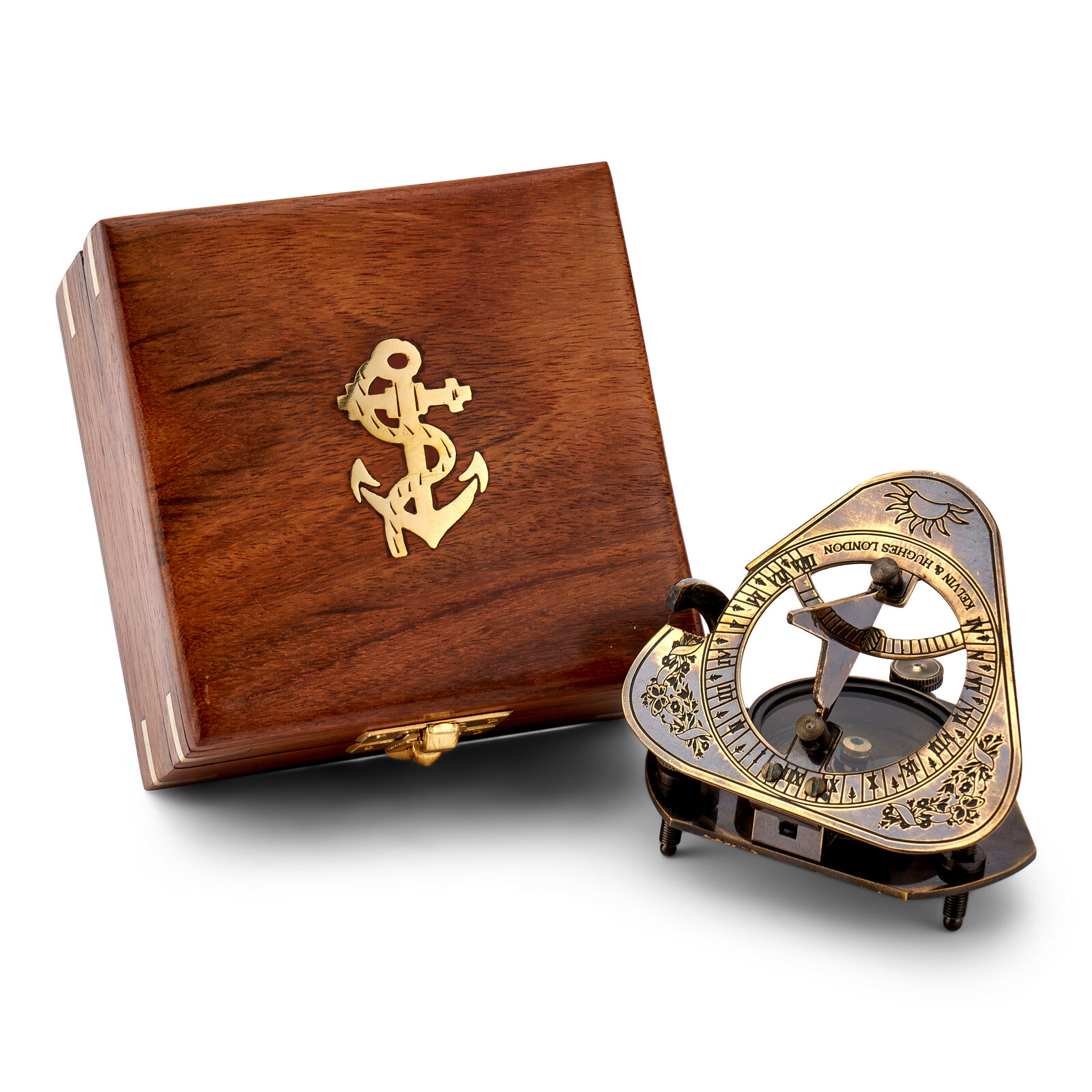 Sundial compass brass antique Roger\'s Rangers replica 8x8x6,5cm in wooden box