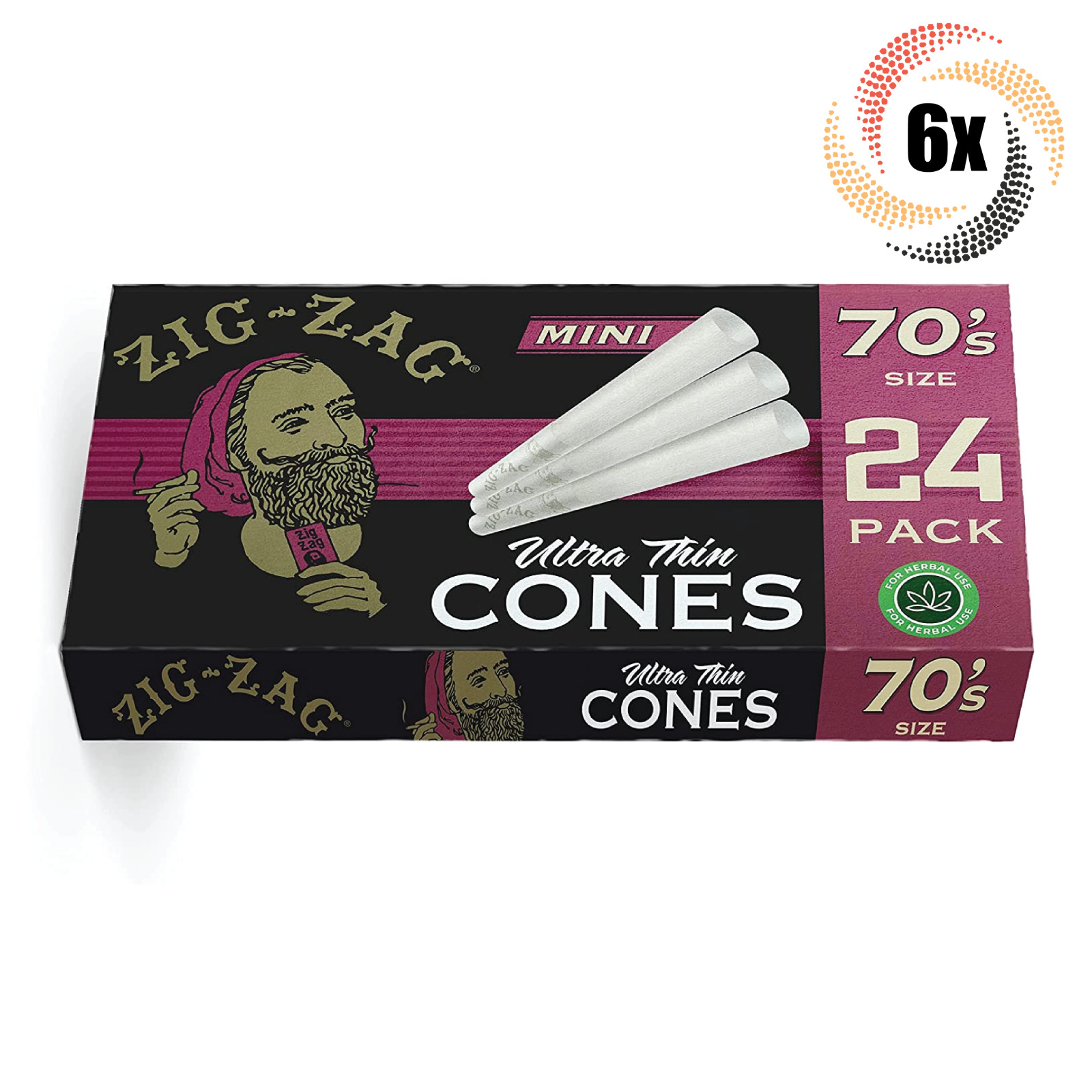6x Packs Zig Zag Ultra Thin Cones | Mini 70's | 24 Cones Each | + 2 Free Tubes