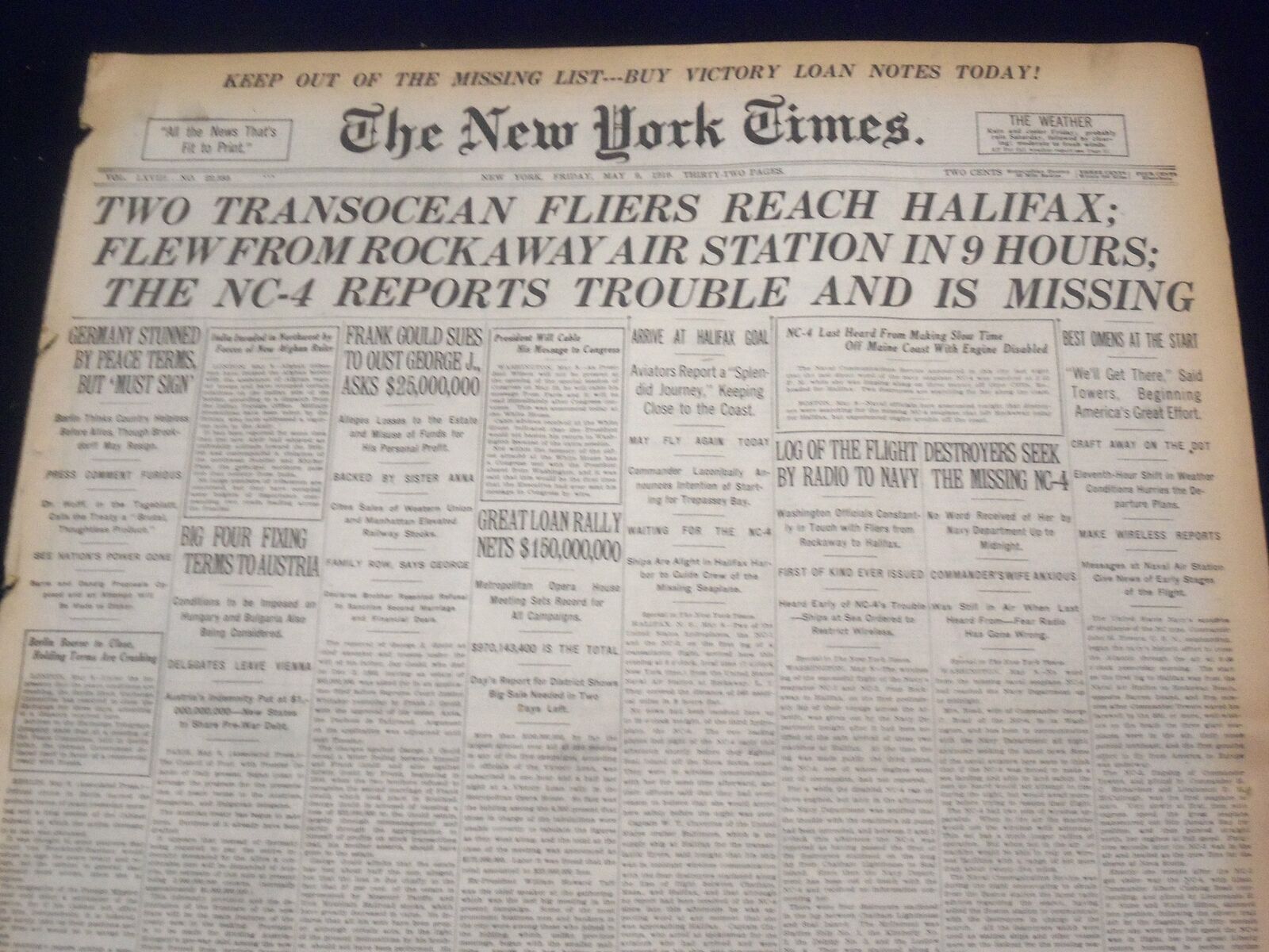 1919 MAY 9 NEW YORK TIMES - TRANSOCEAN FLIERS REACH HALIFAX - NT 9242