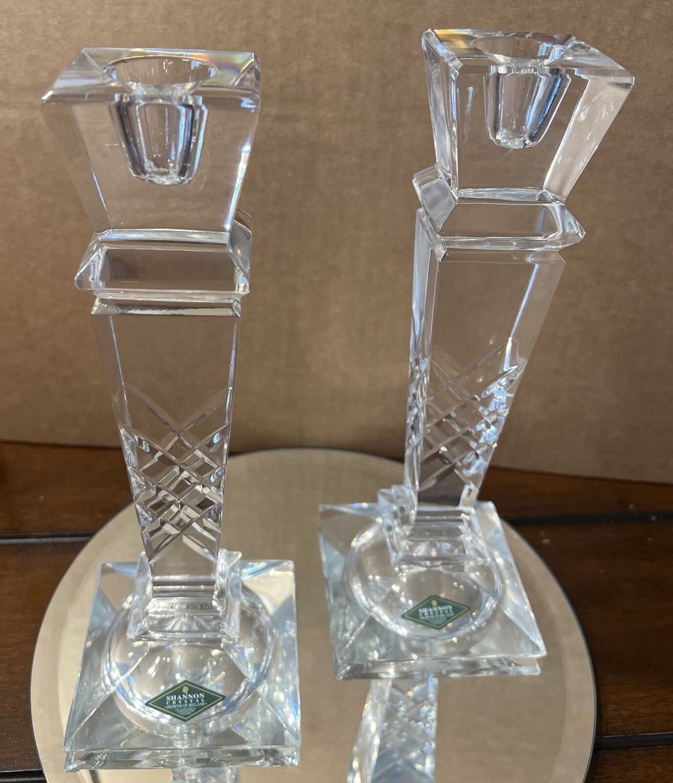 VTG Shannon Crystal Glass Candlesticks(2)-Designs Of Ireland-24% Lead Crystal