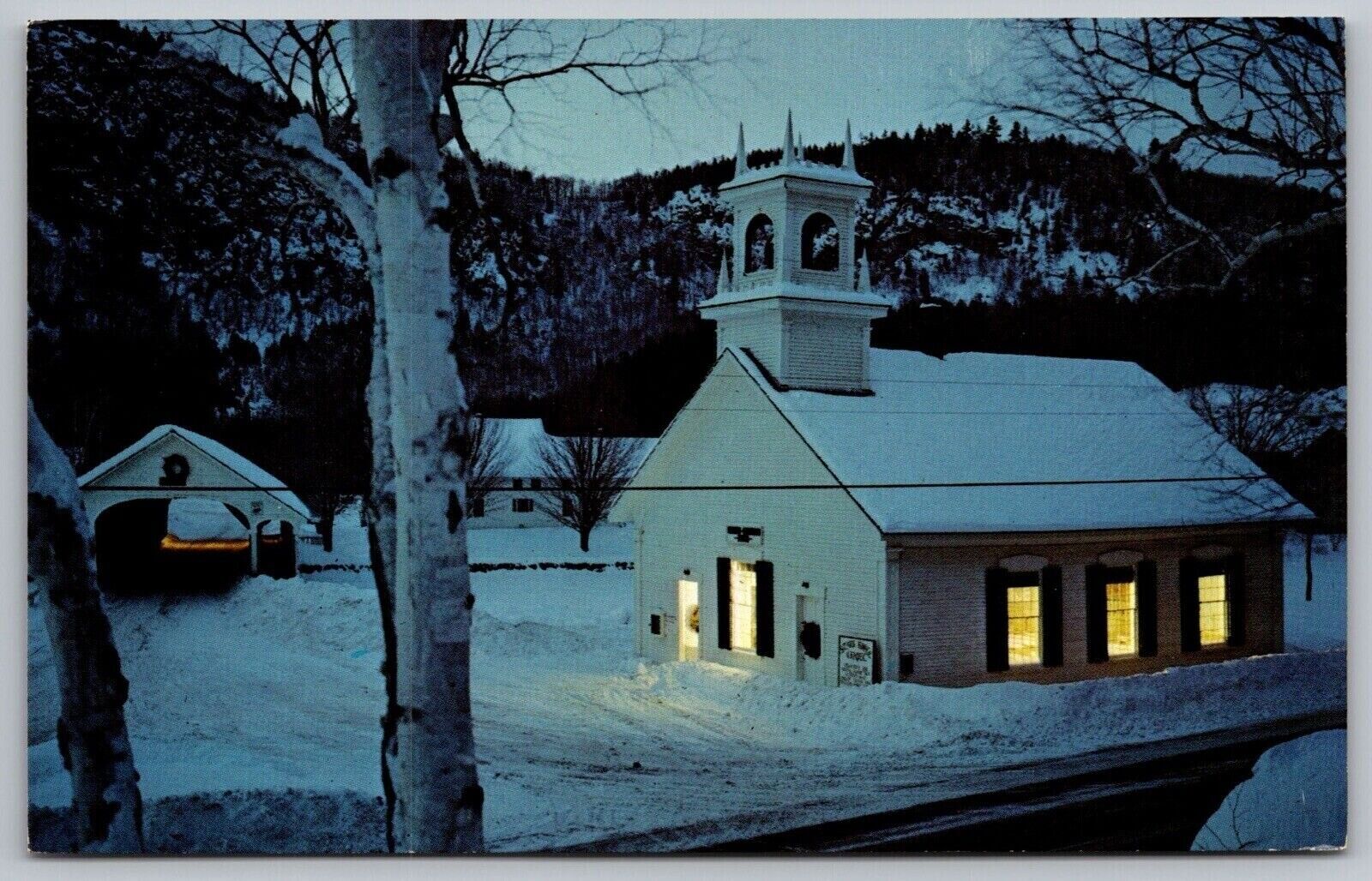 Church Bridge Stark New Hampshire Winter Snow Chapel Bell Tower Forest Postcard