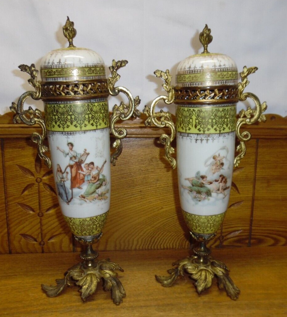 Pair Of Antique Austrian Porcelain Urns w/ Doecker Scenes - Some Wear & Lean