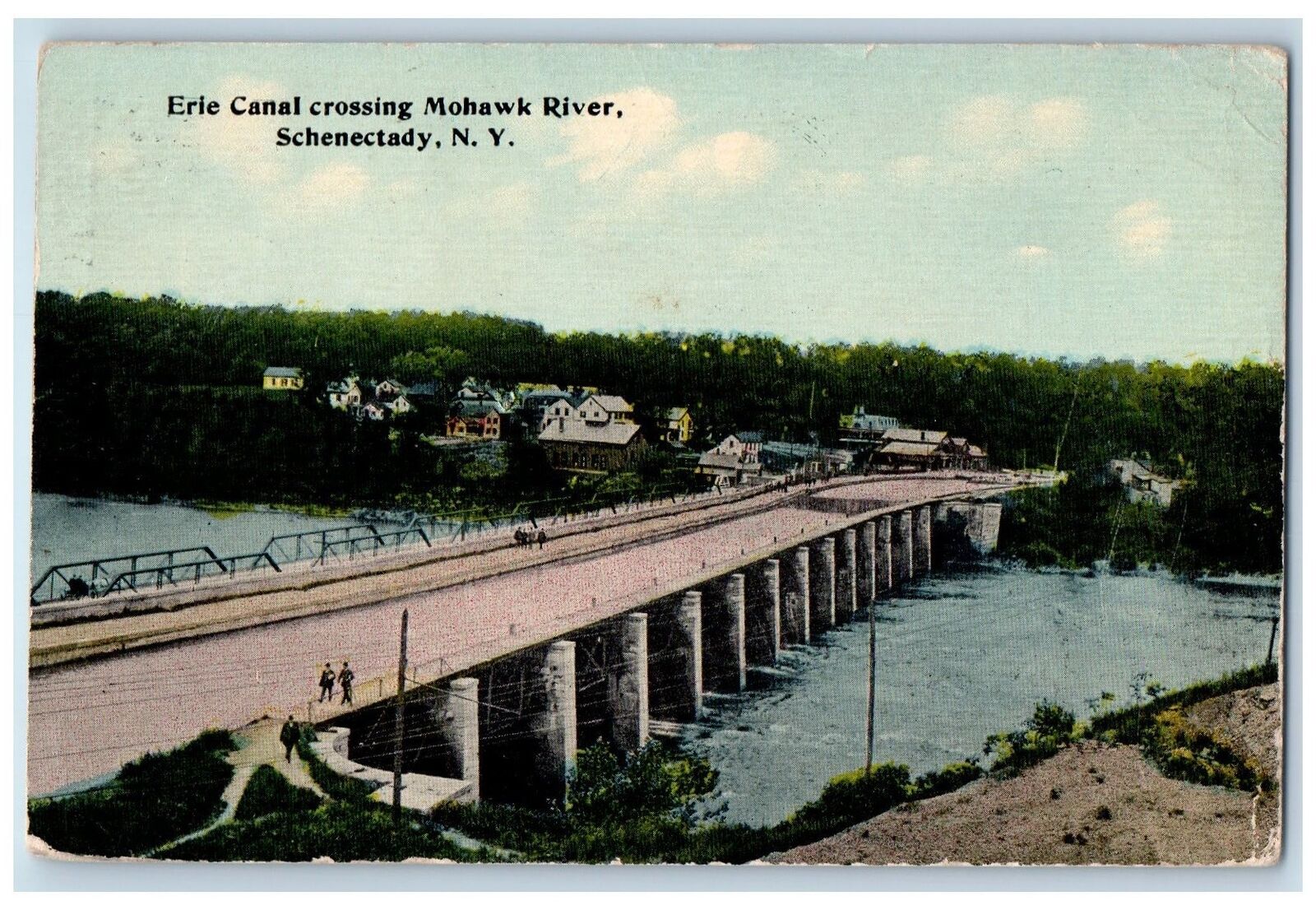 1913 Erie Canal Crossing Mohawk River Bridge Scene Schenectady NY House Postcard