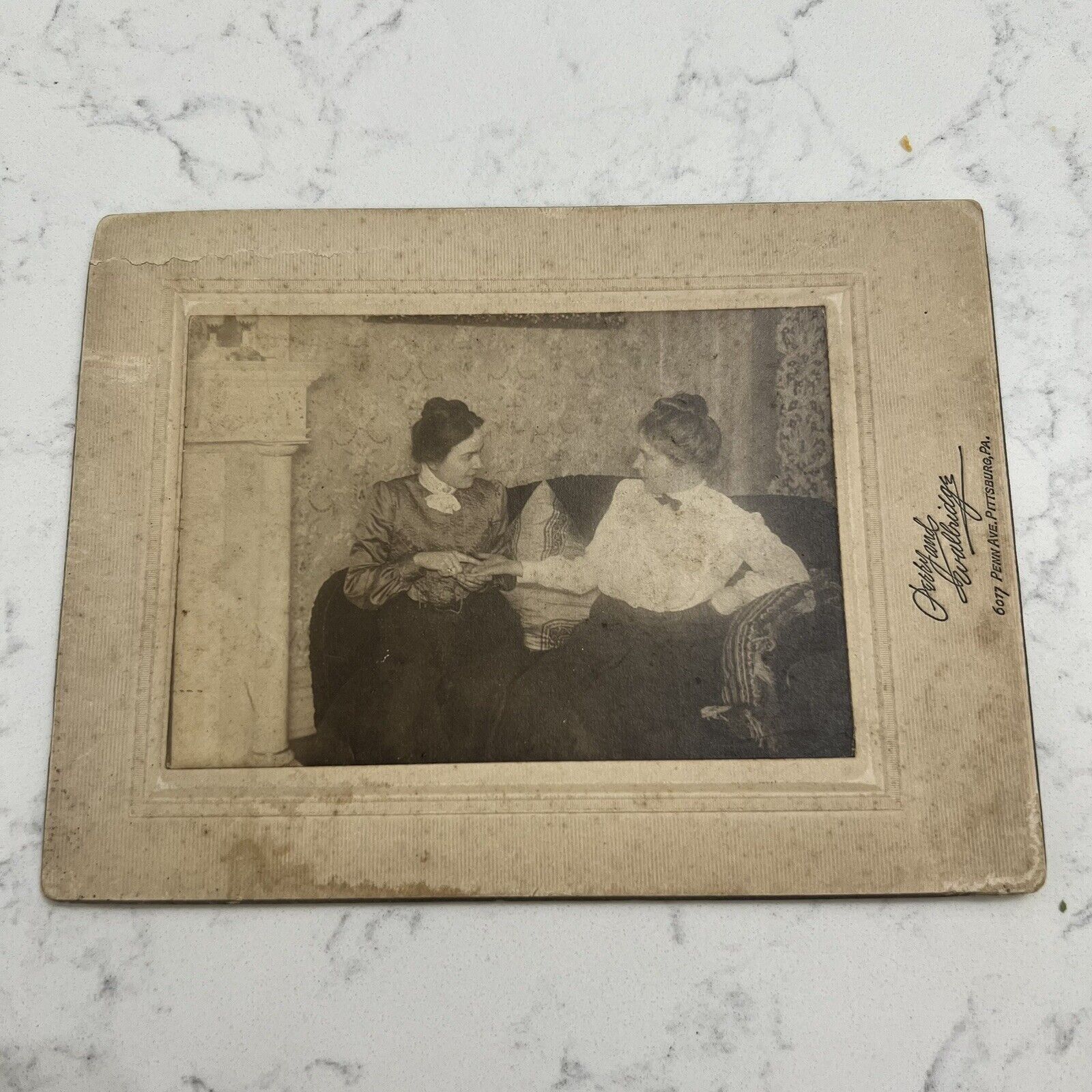 Antique Cabinet Photo 1900s Two Women Palm Reading Ghost Image Reverse PA USA