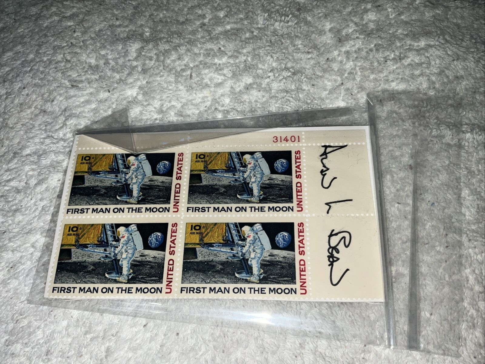 Alan Bean Hand Signed Stamp Block Autograph