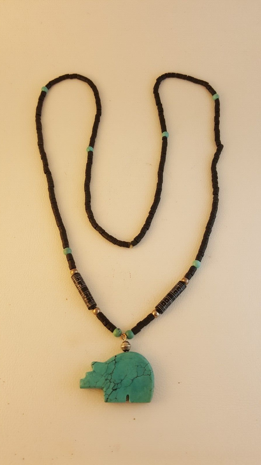 Navajo jet turquoise spirit bear pendant necklace 26\'
