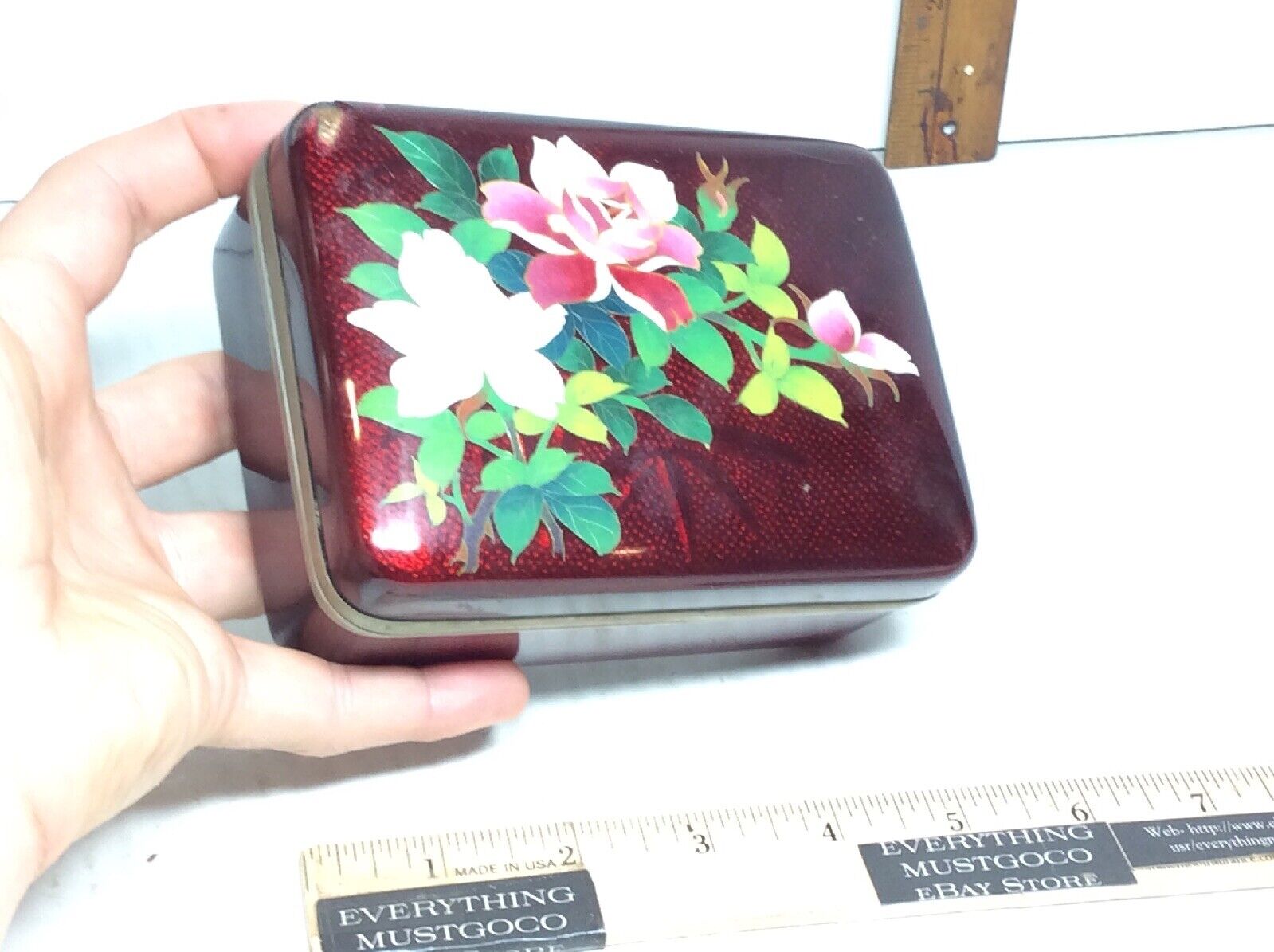 French Ruby Red Floral Flower Motif Copper Enamel Jewelry Trinket Dresser Box