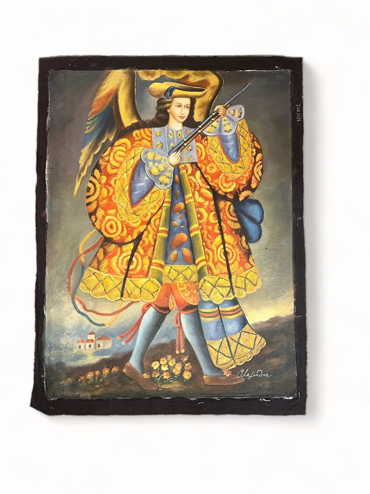Rare Archangel Cuzco Antique Oil Painting