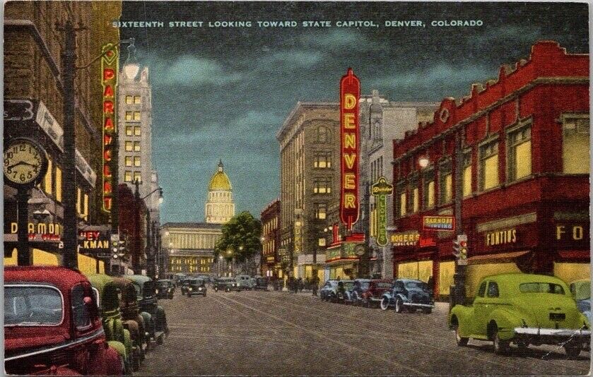 c1940s DENVER, Colorado LINEN Postcard - 16th Street State Capitol - Night View