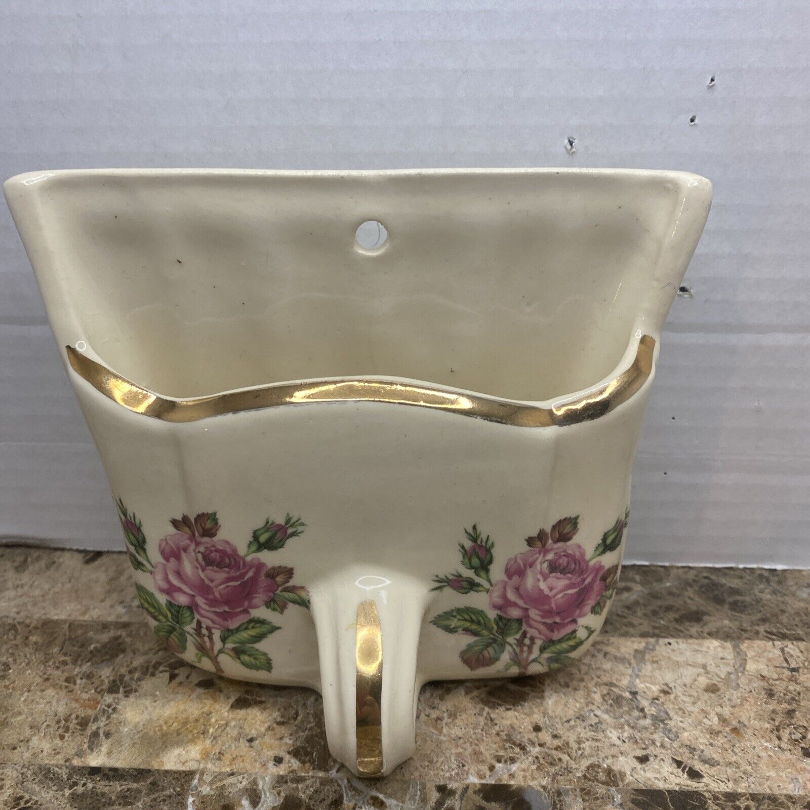 Vintage Mid-Century 22k Gold Rose Wall Pocket Dustpan Vase Indoor Planter 