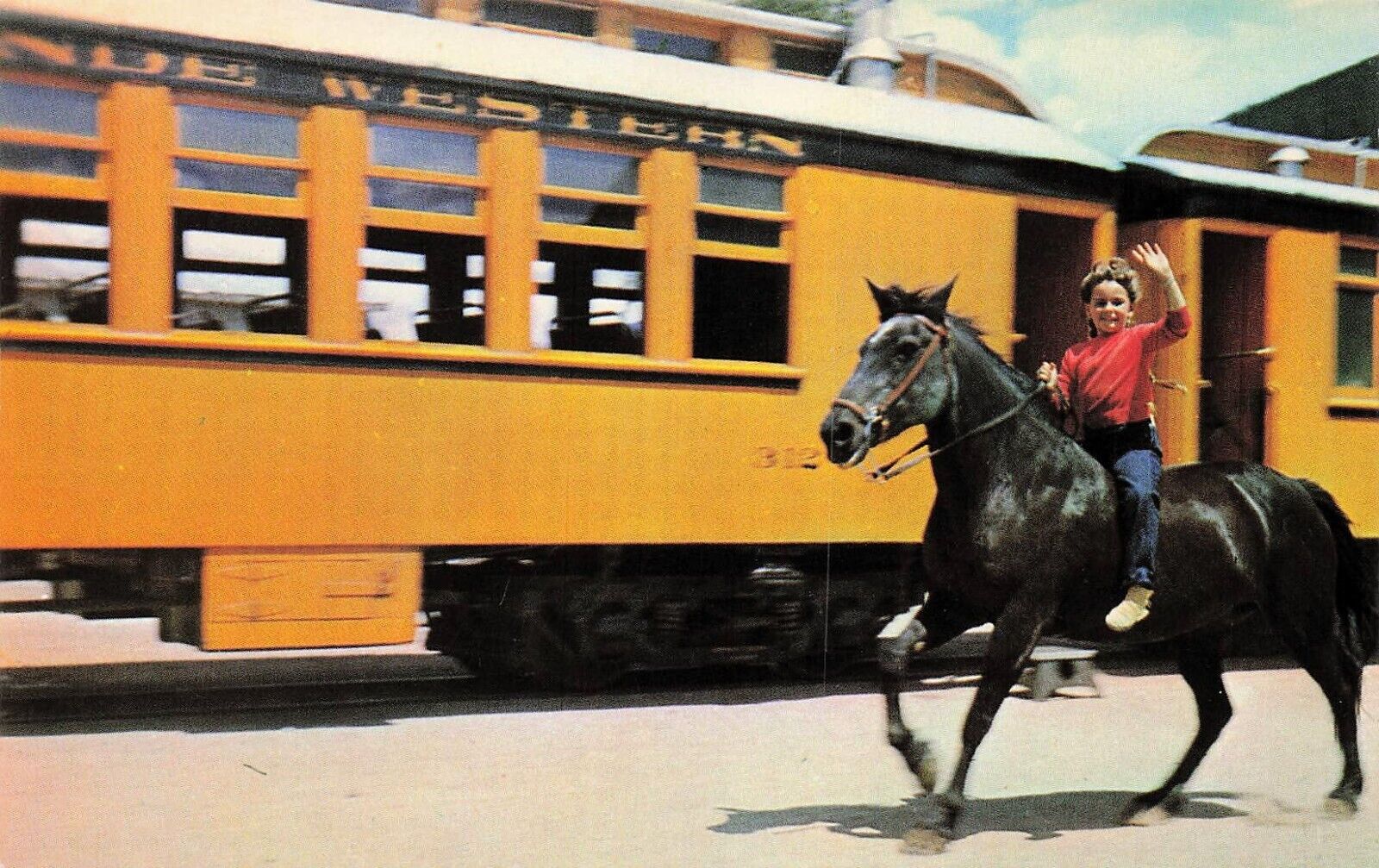 Silverton CO Railroad Train Station Girl Friesian Horse Western Vtg Postcard E4