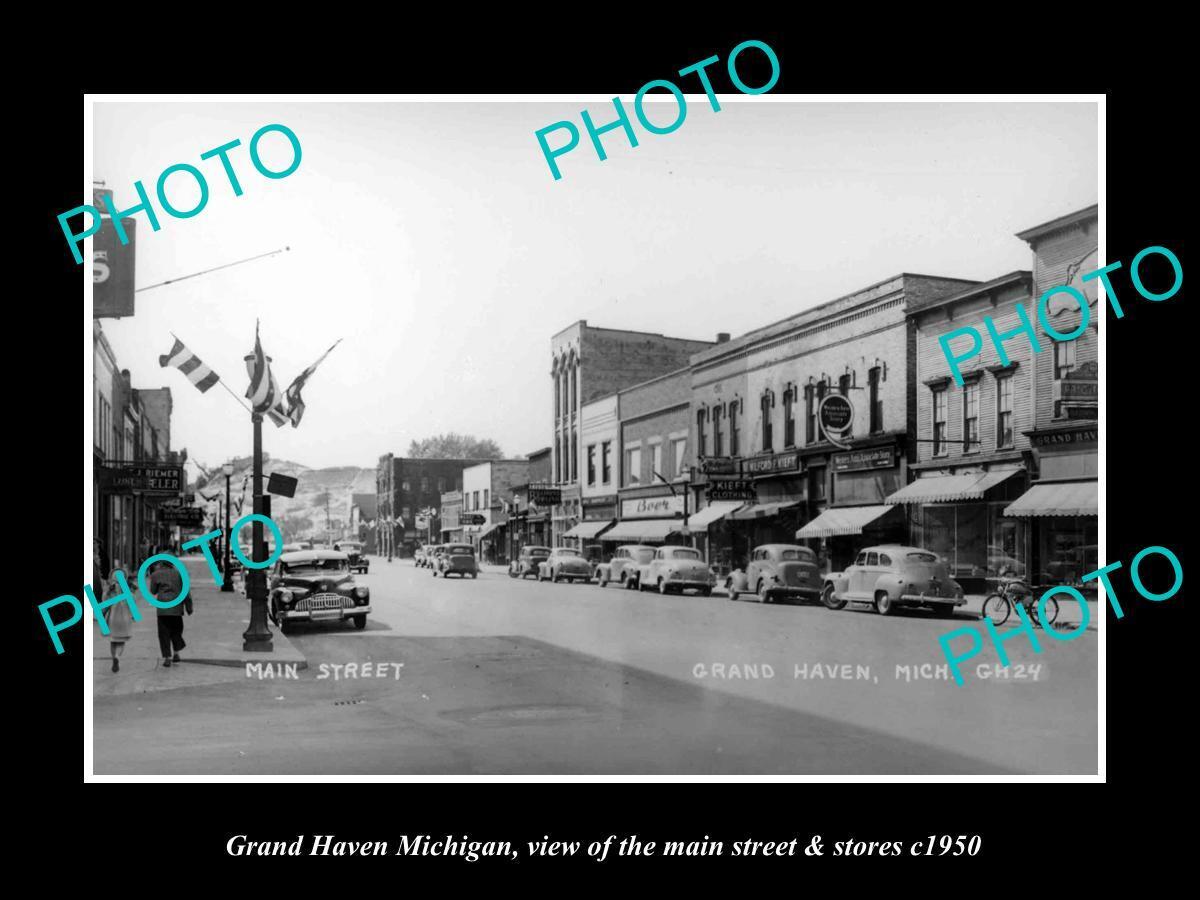 OLD LARGE HISTORIC PHOTO OF GRAND HAVEN MICHIGAN THE MAIN STREET & STORES c1950