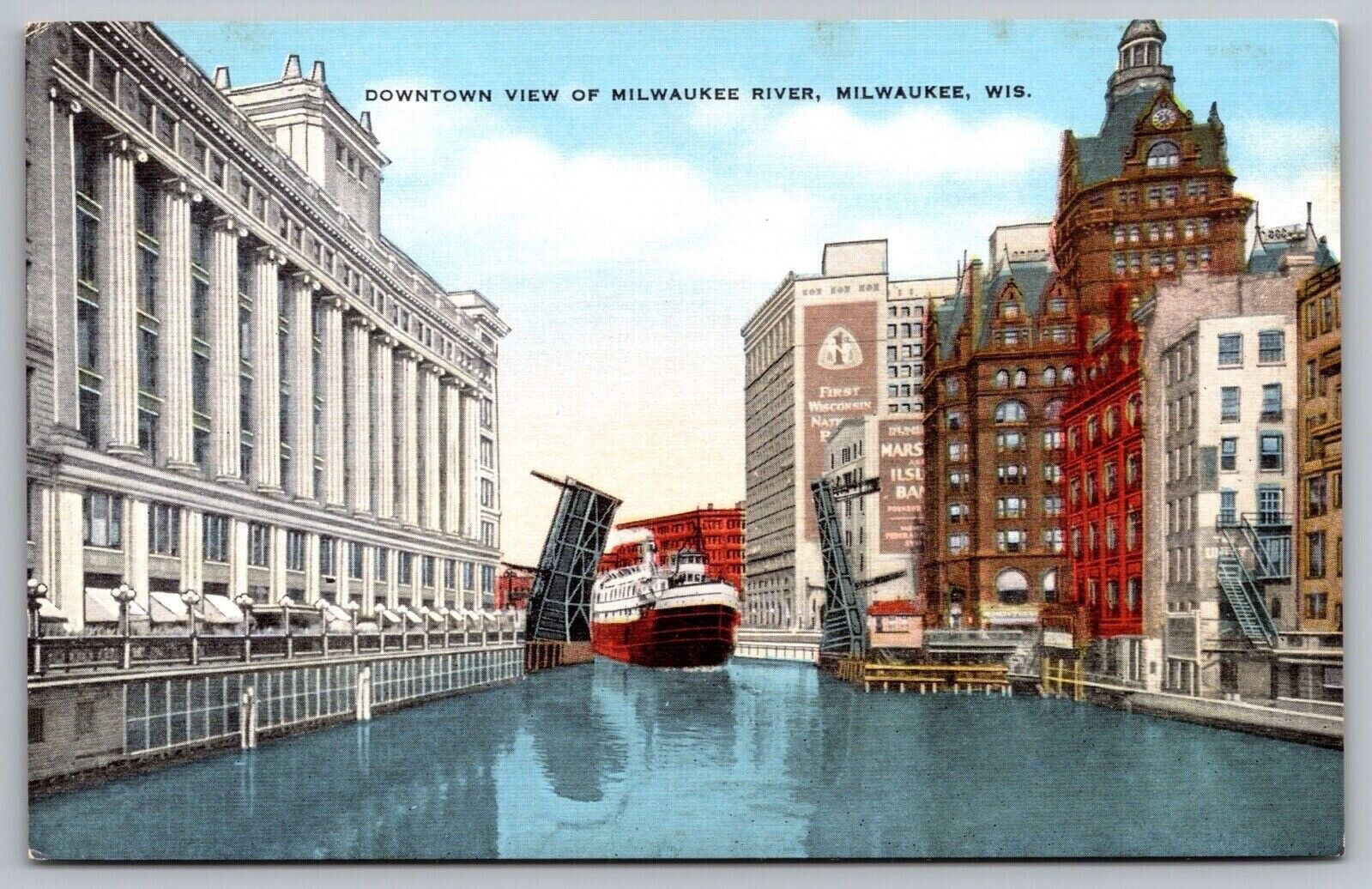 Downtown View Milwaukee River Wisconsin Riverfront Boat Waterway VNG Postcard