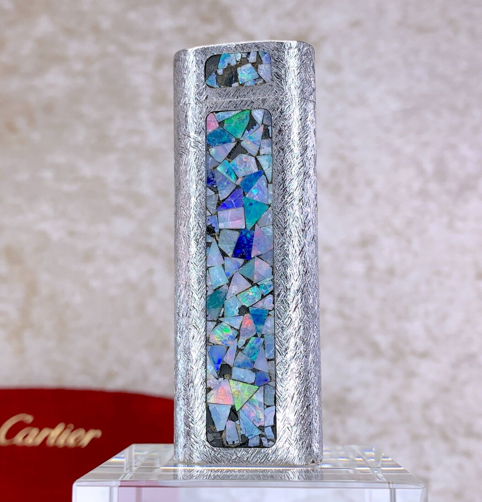 Vintage Cartier Lighter Mosaique Opal Brushed Silver