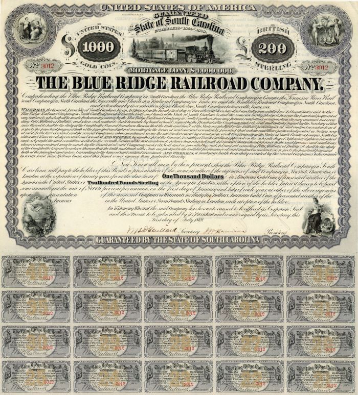 Blue Ridge Railroad Co. $1,000 Bond signed by Henry Clews - Authogragh Railway B