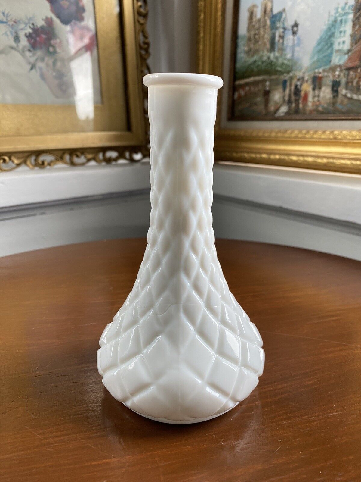 Small Vintage Milk Glass Diamond Pattern Bud Vase 6\