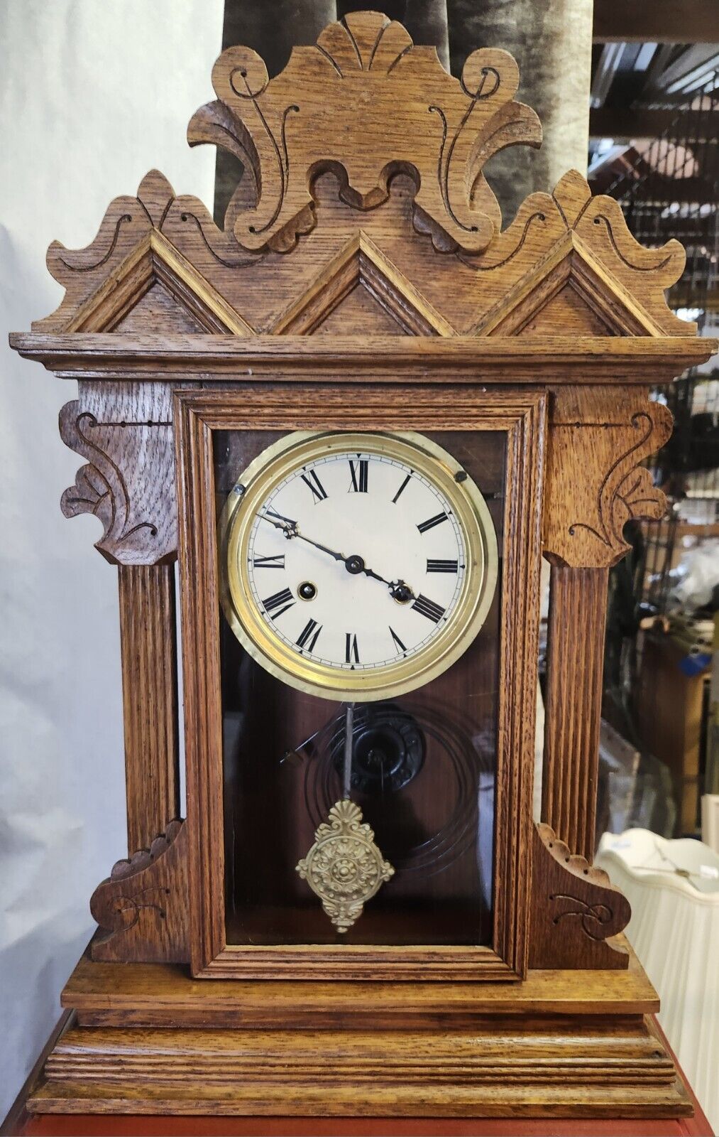 Antique Oak Ansonia Gingerbread/Cottage Clock, 8 Day Excellent Running 