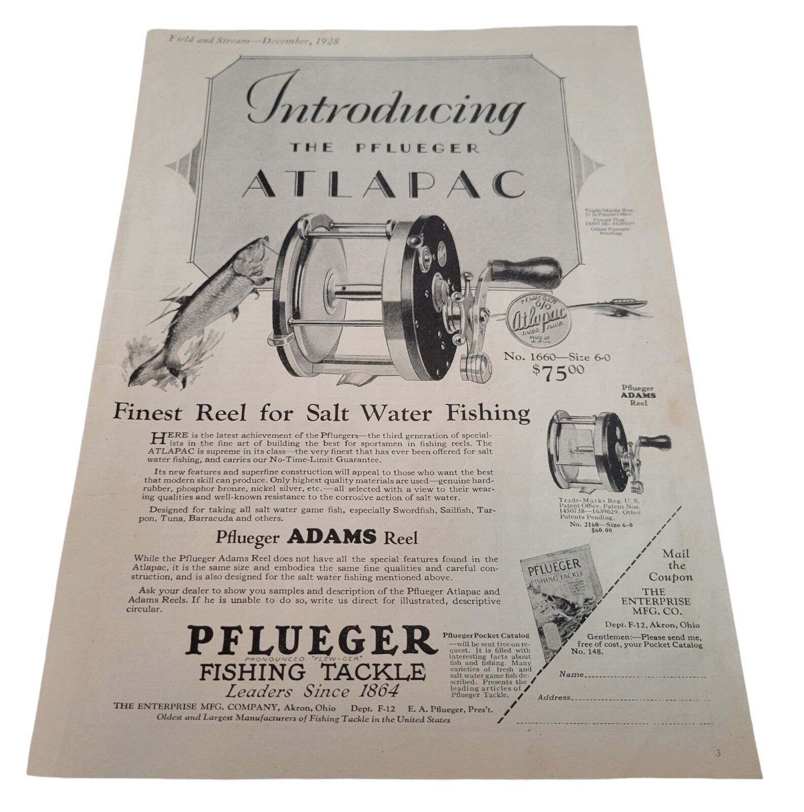 Antique 20's Pflueger Atlapac Salt Water Fishing Pole Reel 1928 Tackle Adams Vtg