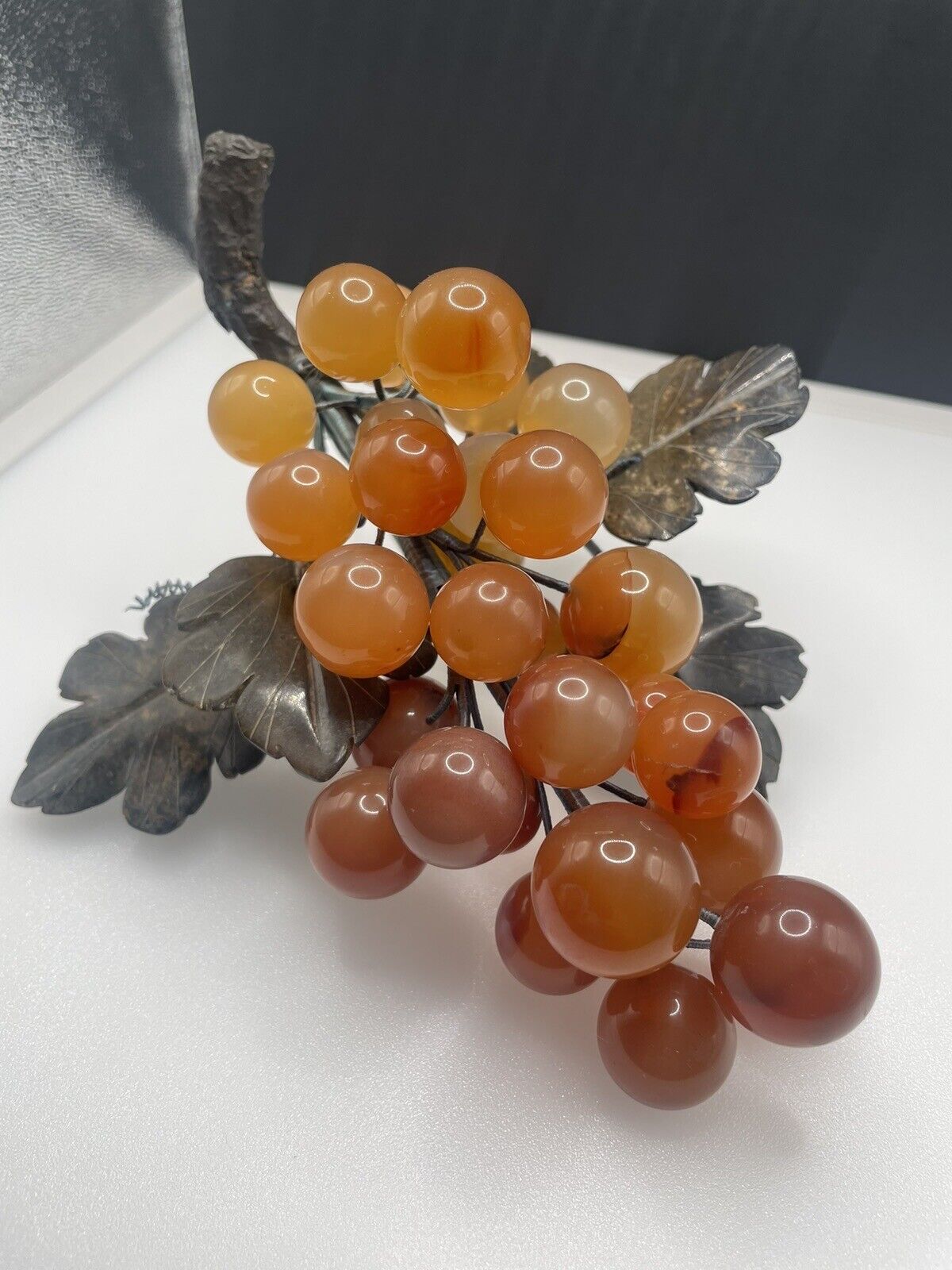 Vintage MCM Glass Grapes. 30 Grapes On Bunch Light Orange Lucite. Metal Leaves.