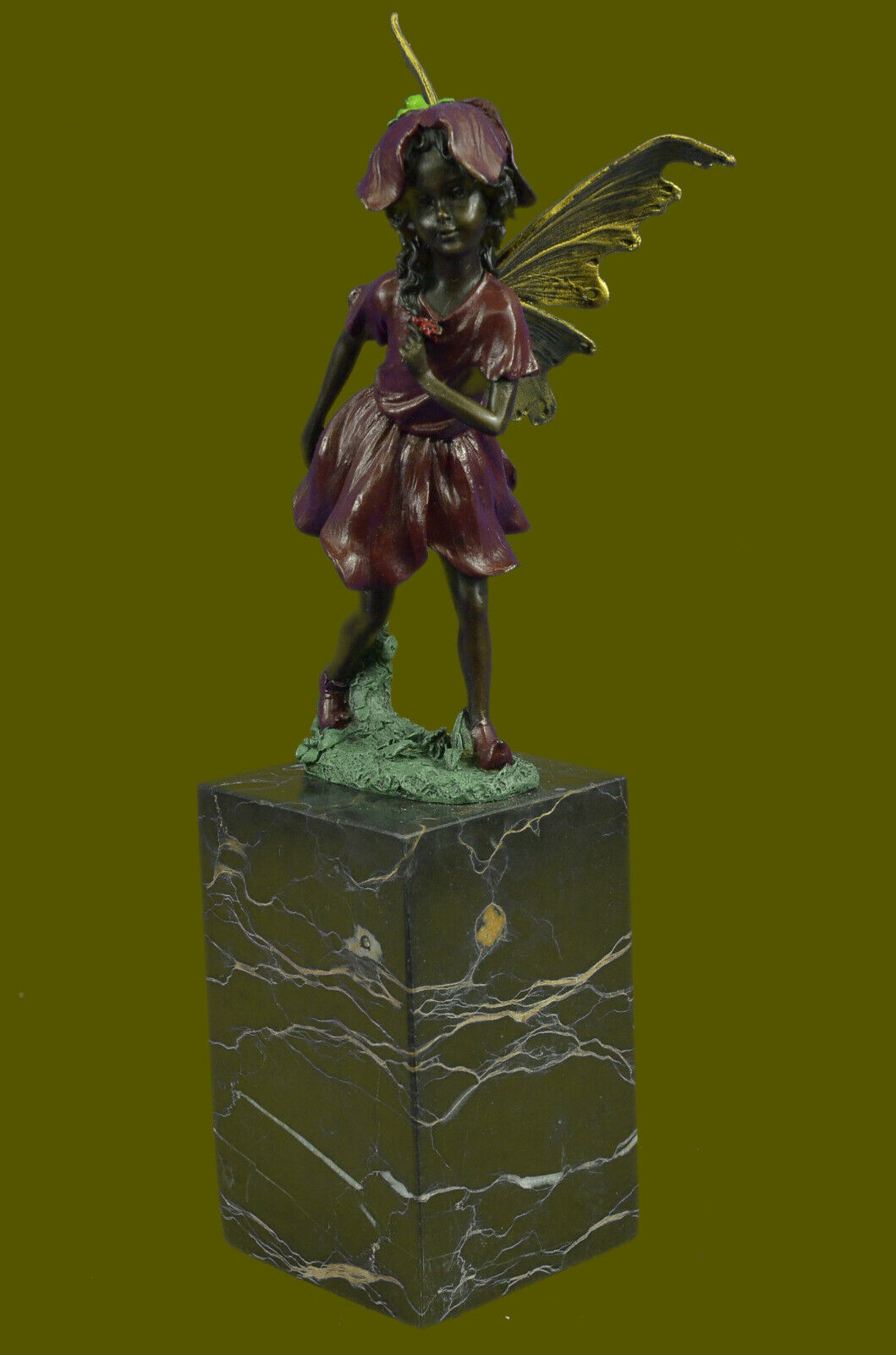 Fairy Standing with a flower Garden Statue in aged bronze finish. 13\