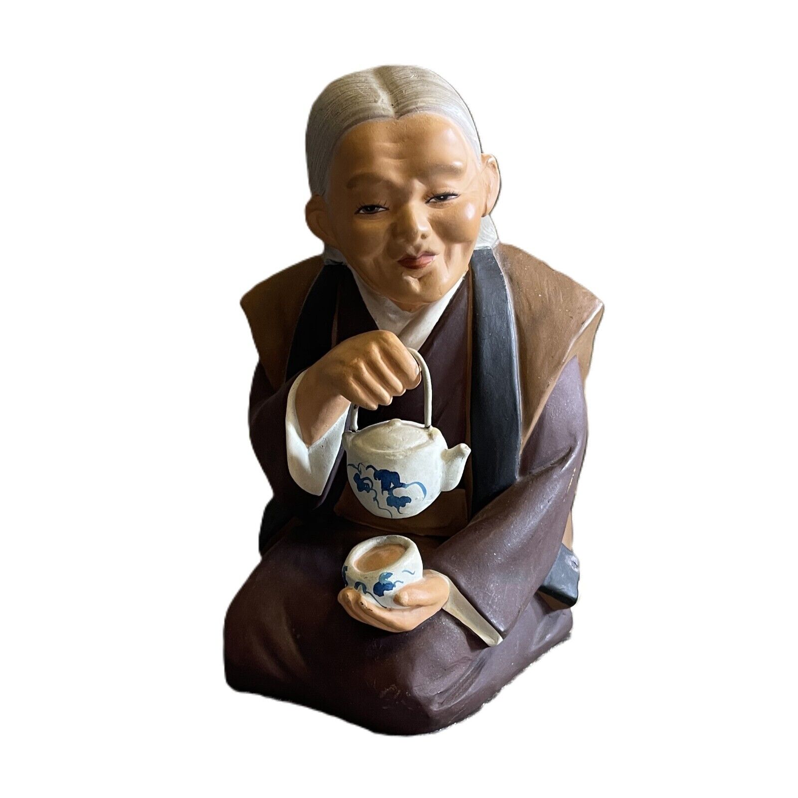 VINTAGE JAPANESE HAKATA URASAKI CLAY DOLL 1950s OLD WOMAN POURING TEA