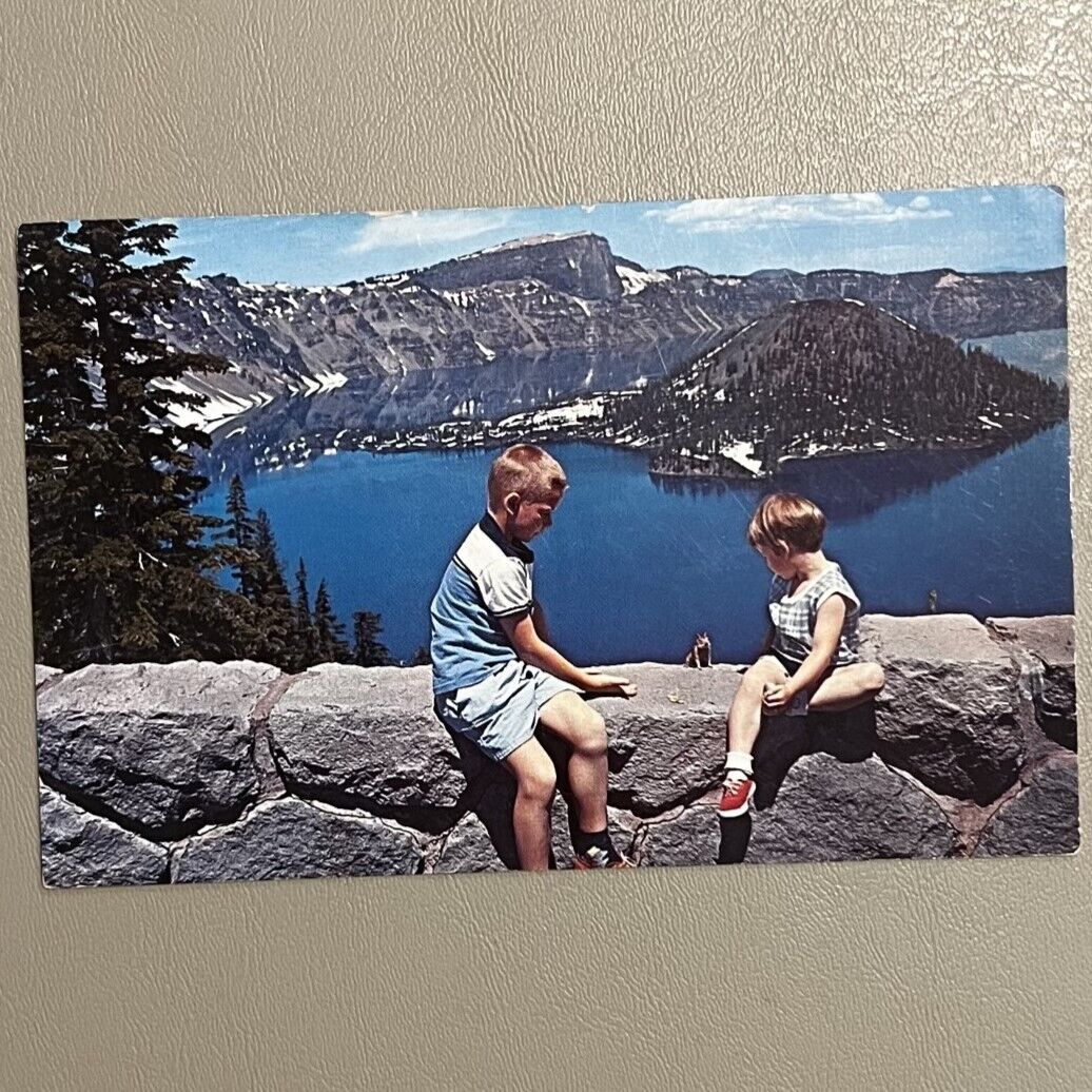 Postcard Oregon Crater Lake OR Chipmunk Kids Landscape 1960s Unposted Chrome