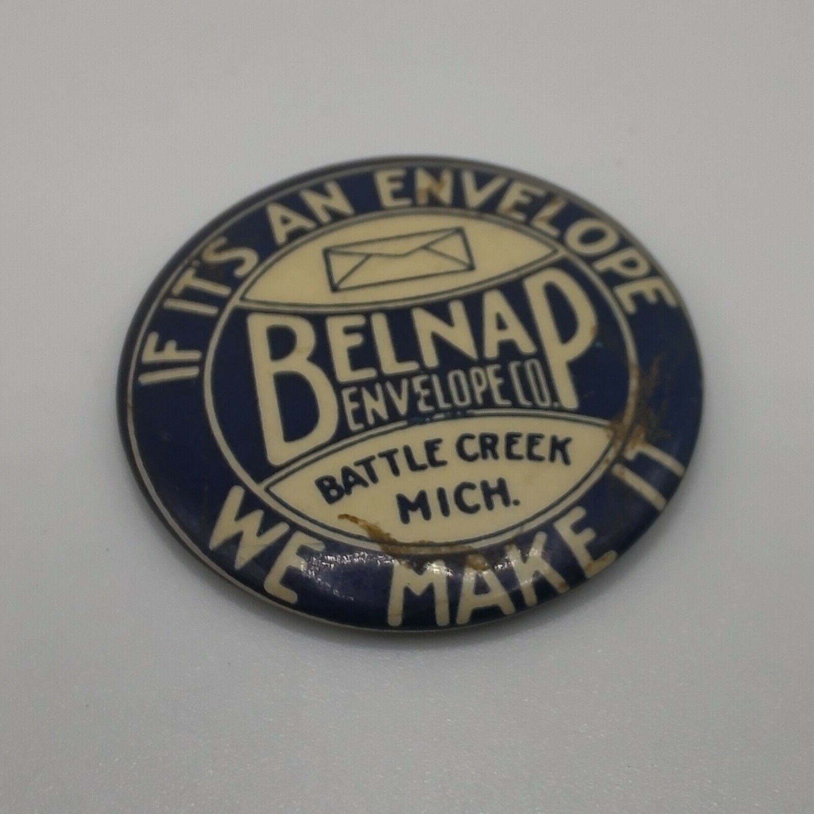 Vintage Belnap Envelope Co Tin Litho Button 1.5\