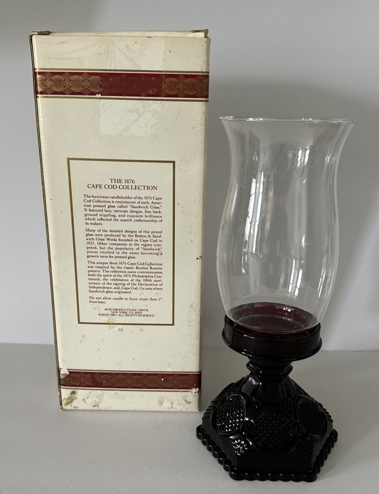 Avon 1876 Cape Cod Ruby Red Hurricane Candle Holder Lamp Set Original Box