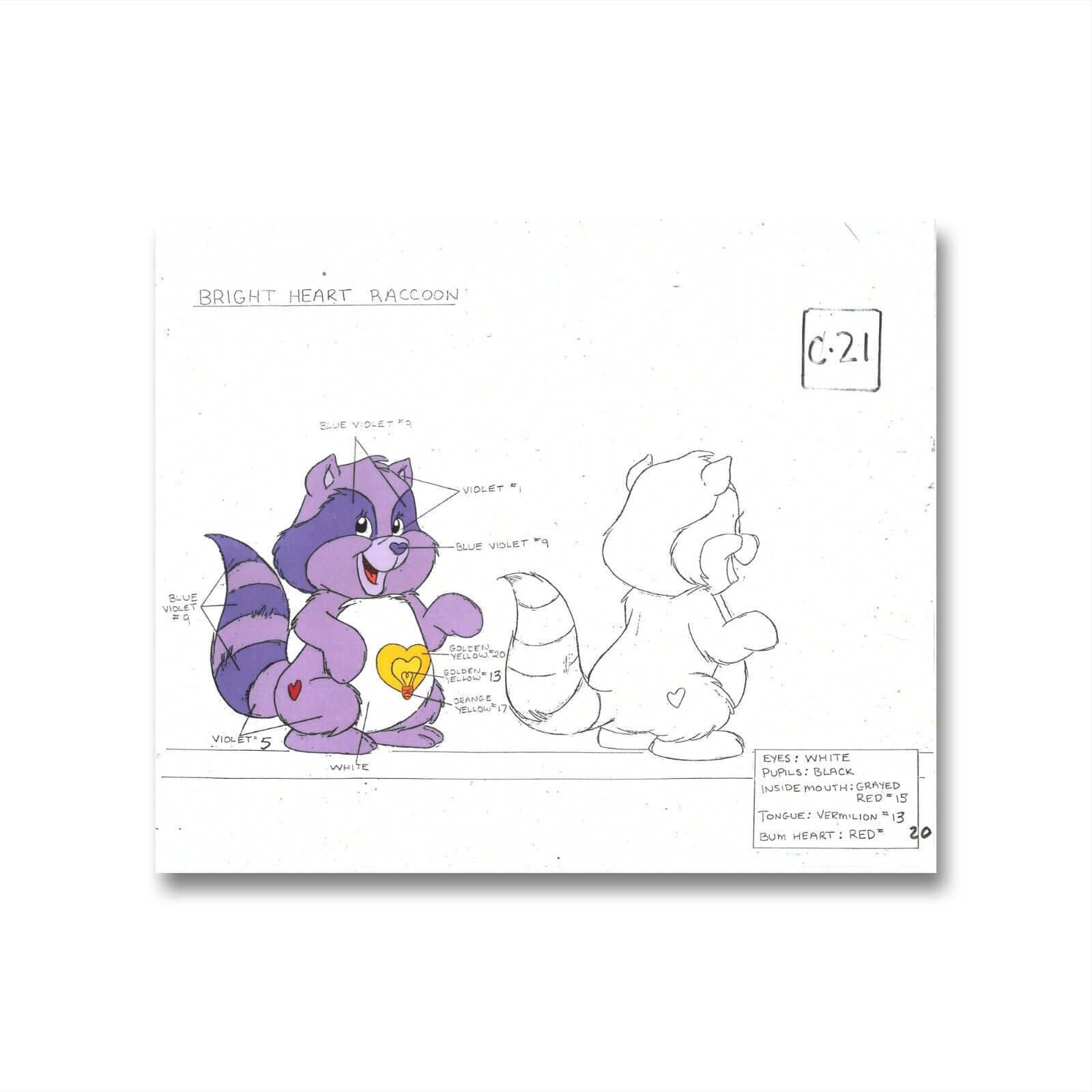 Care Bears Original Production Color Model Sheet: Bright Heart Raccoon, SSV1140