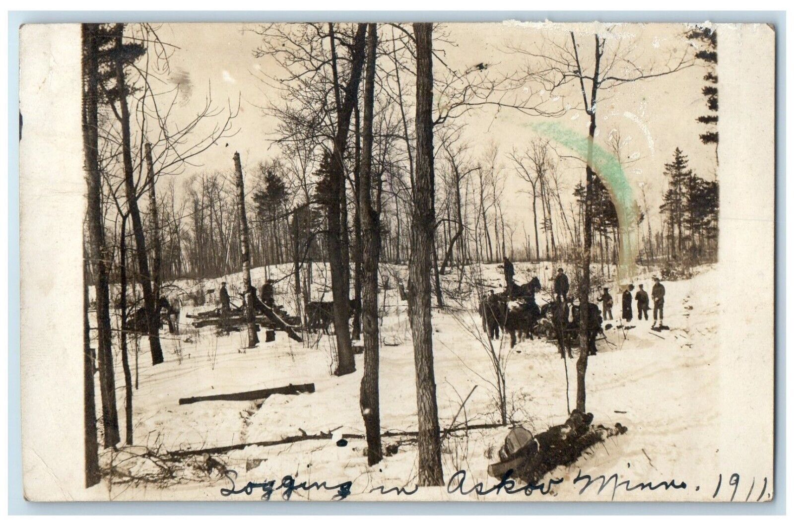 1911 Logging In Askov Minnesota MN, Winter Scene RPPC Photo Antique Postcard