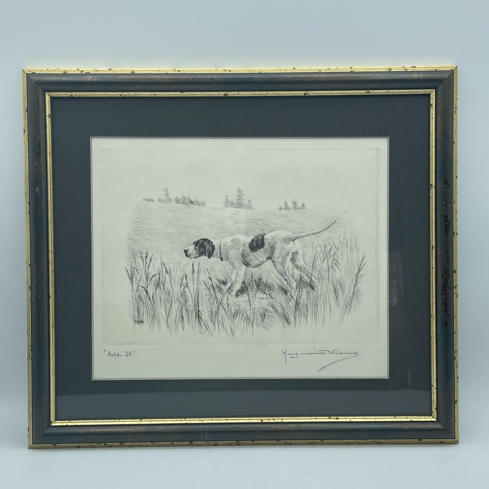 MARGUERITE KIRMSE PENCIL SIGNED ETCHING OF A POINTER DOG ON POINT TITLED HOLD IT