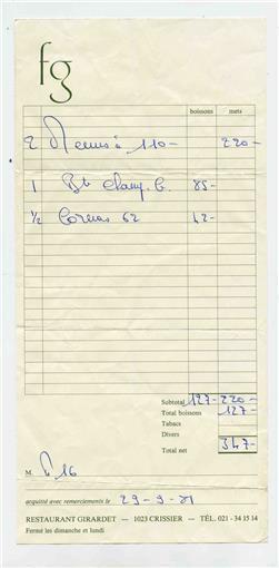 Fredy Girardet Restaurant Guest Check Crissier Switzerland 3 Michelin Star 1981